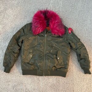 Olive Green Bomber Jacket with Pink Faux Fur Hood